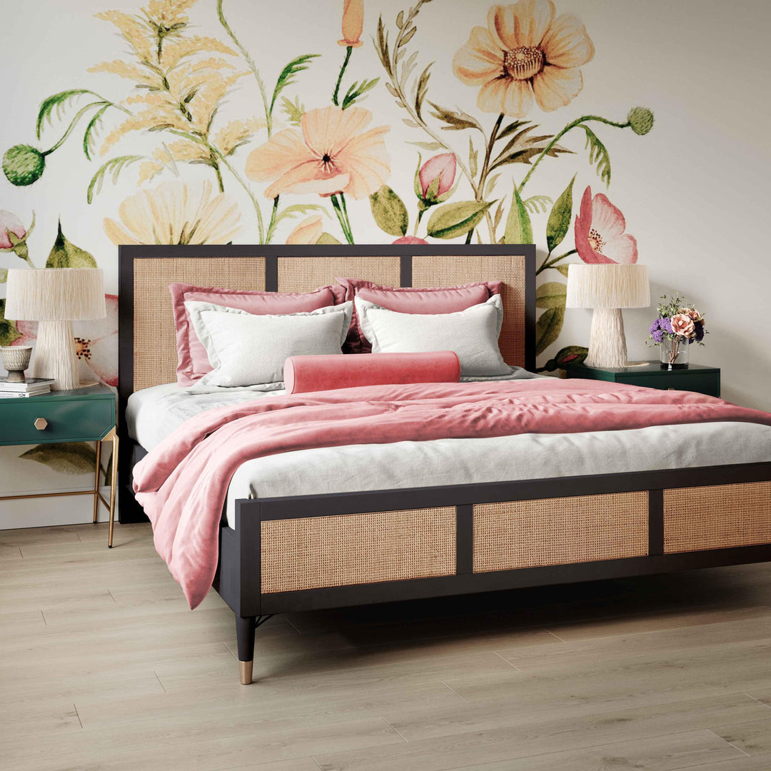 Sierra Black Wood &amp; Rattan Bed - Queen