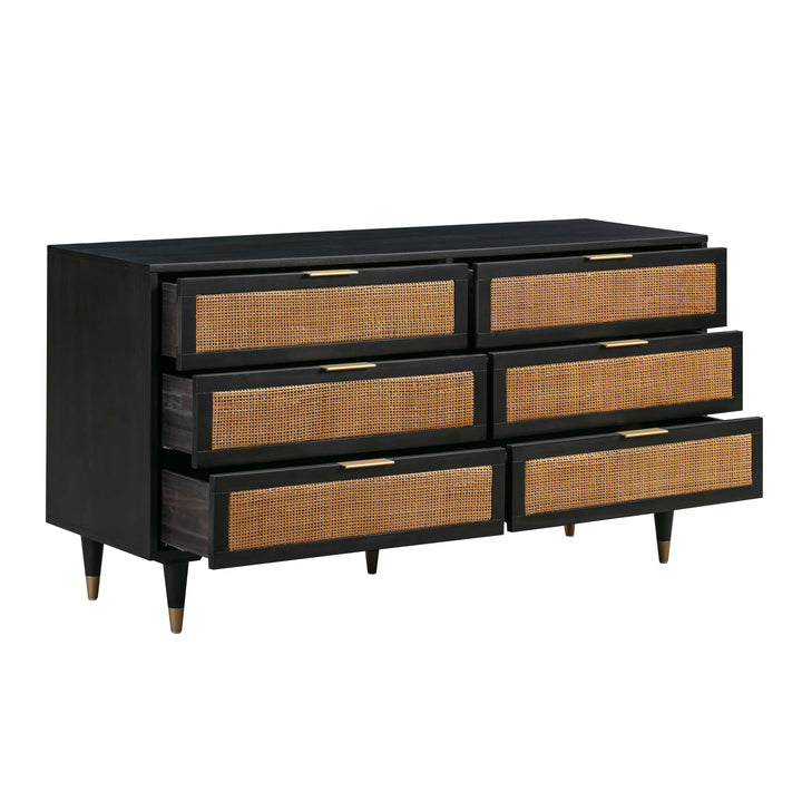 Sierra 60" Black Cane 6-Drawer Dresser