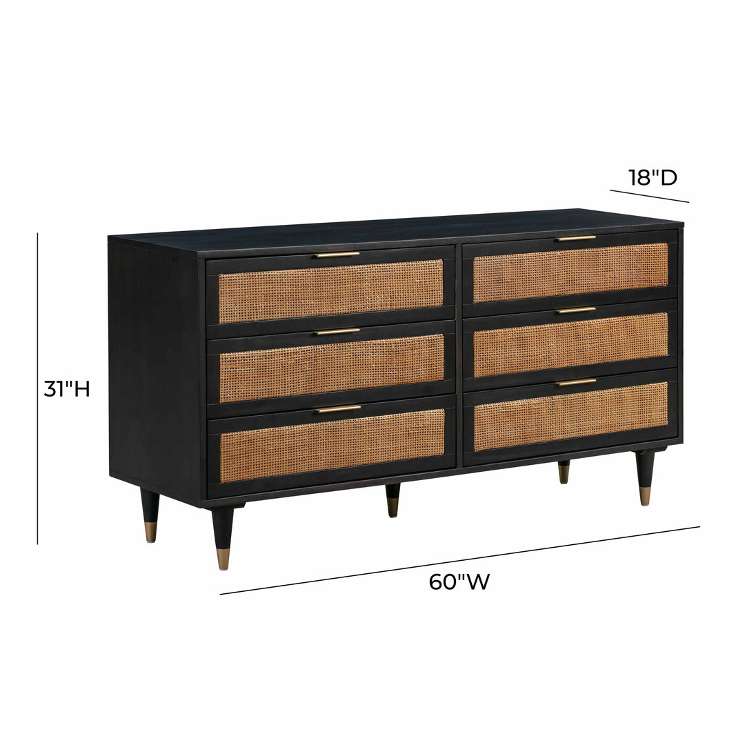 Sierra 60" Black Cane 6-Drawer Dresser