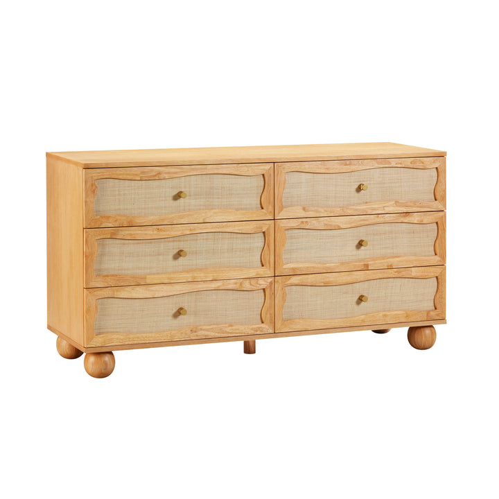 Grappa 62" Natural Wood &amp;amp; Raffia Wavy 6-Drawer Dresser