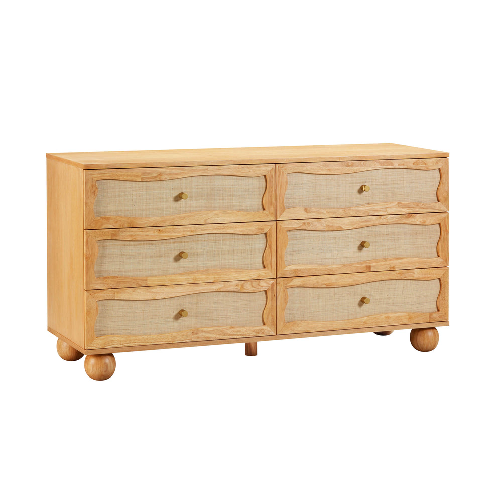Grappa 62" Natural Wood &amp; Raffia Wavy 6-Drawer Dresser