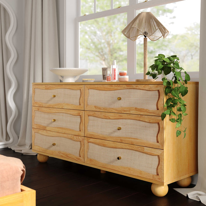 Grappa 62" Natural Wood &amp;amp; Raffia Wavy 6-Drawer Dresser