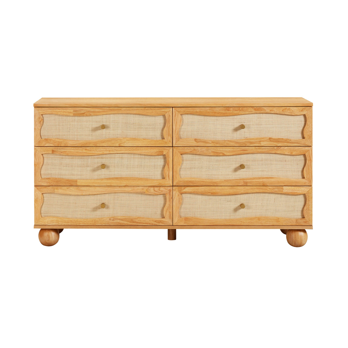 Grappa 62" Natural Wood &amp; Raffia Wavy 6-Drawer Dresser
