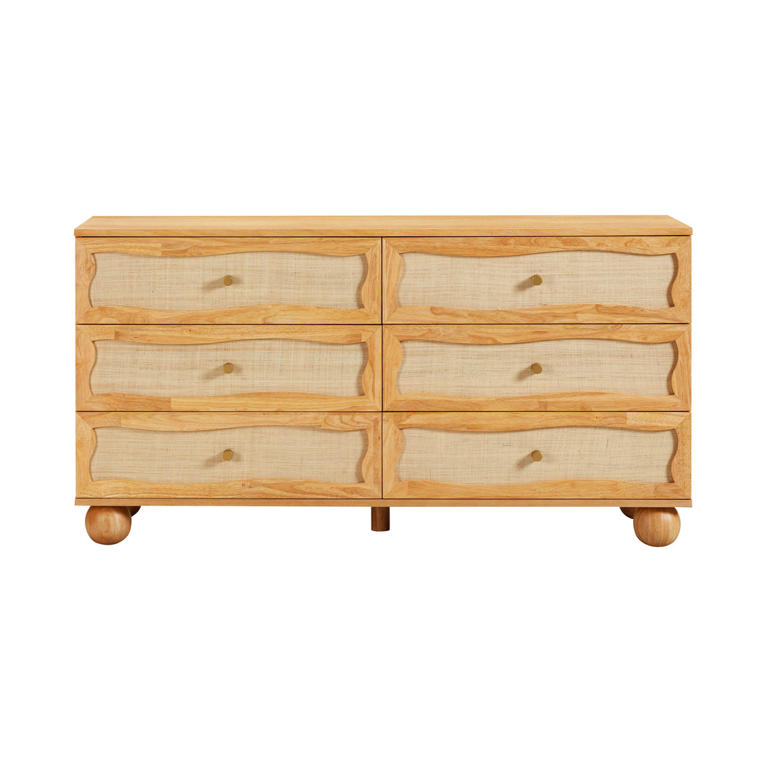 Grappa 62" Natural Wood &amp; Raffia Wavy 6-Drawer Dresser
