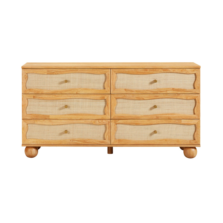 Grappa 62" Natural Wood &amp;amp; Raffia Wavy 6-Drawer Dresser