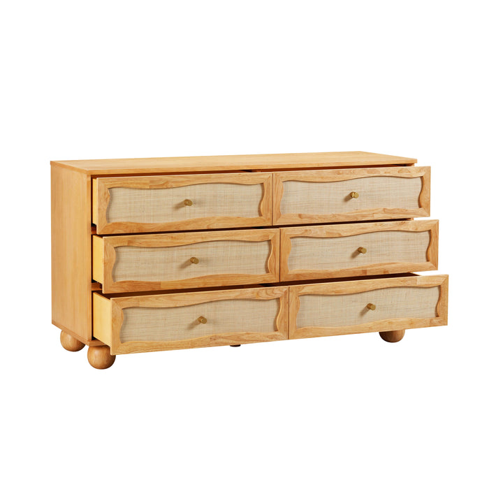 Grappa 62" Natural Wood &amp;amp; Raffia Wavy 6-Drawer Dresser