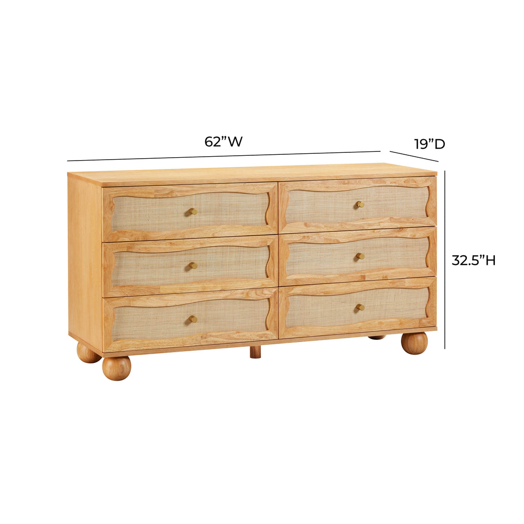 Grappa 62" Natural Wood &amp; Raffia Wavy 6-Drawer Dresser