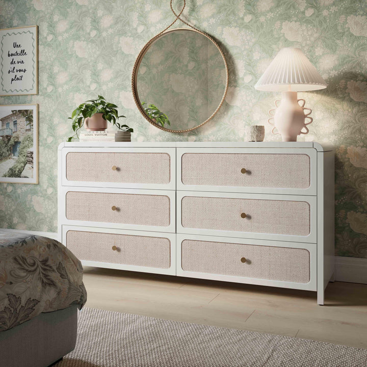 Patty 62" White Rattan 6-Drawer Dresser
