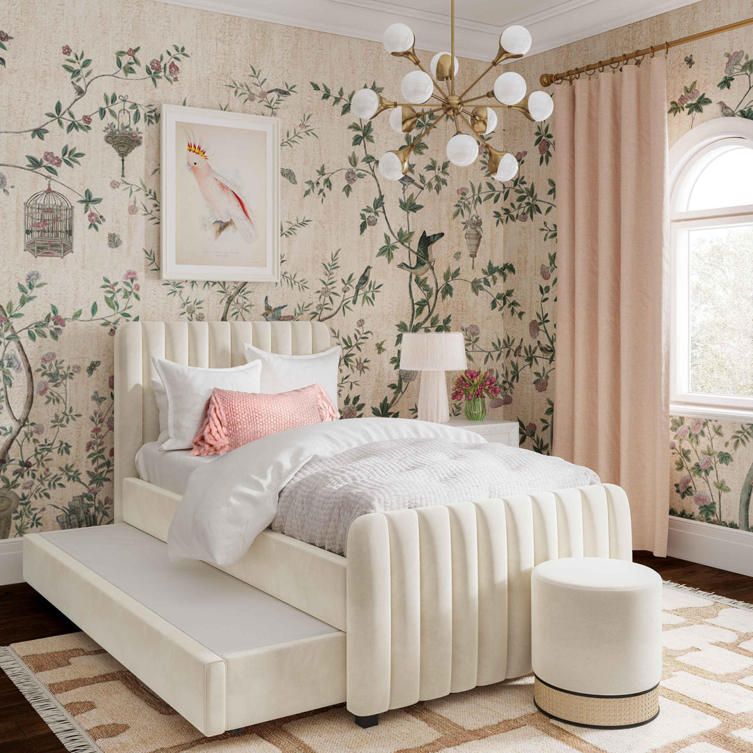 Angela Cream Performance Velvet Trundle Bed - Twin