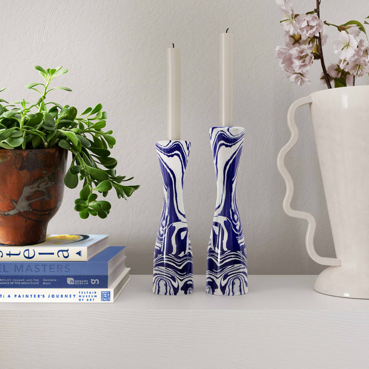 Serene Blue &amp; White Swirl Resin Candlestick - Large