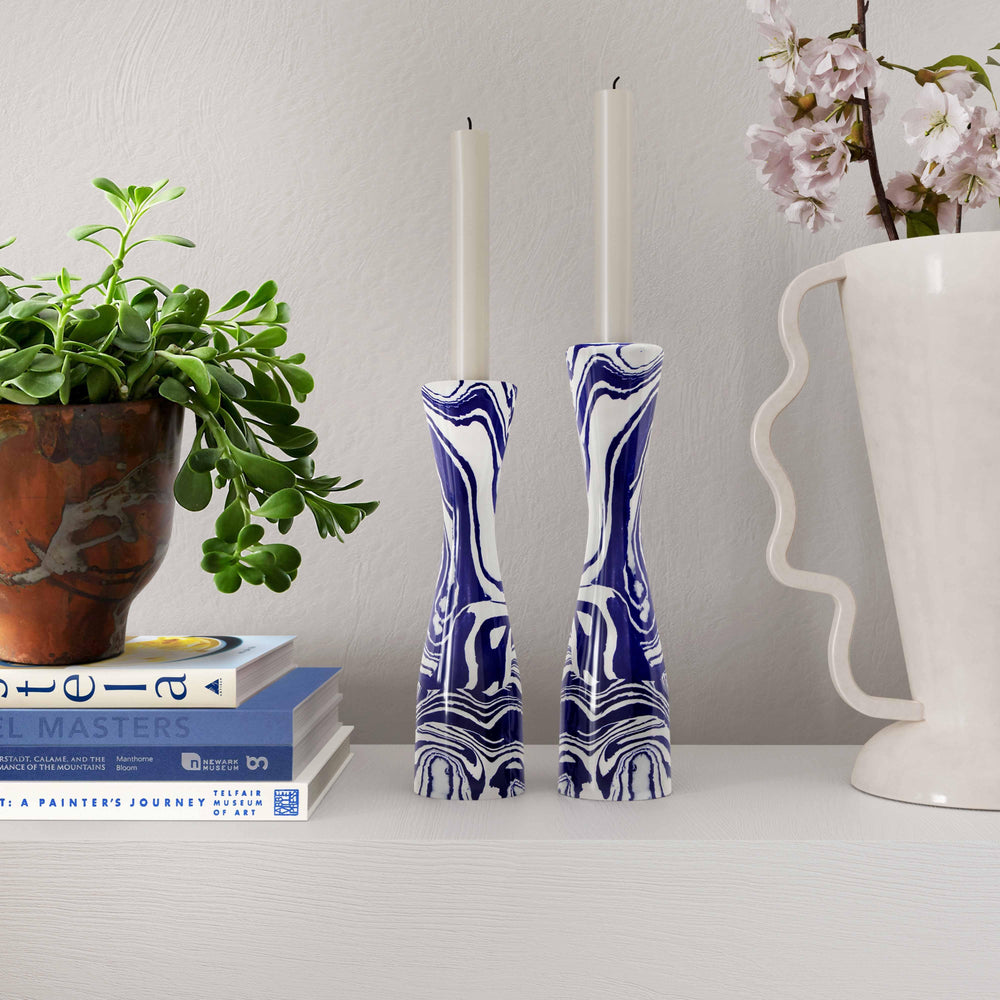 Serene Blue & White Swirl Resin Candlestick - Medium