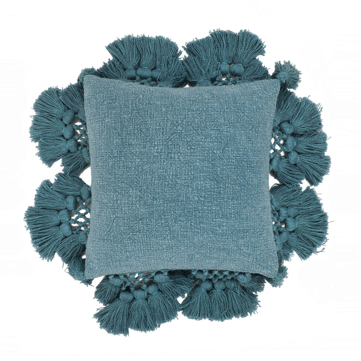 Stone 21" Washed Cotton Tasseled Square Throw Pillow Cover - Blue / With Insert