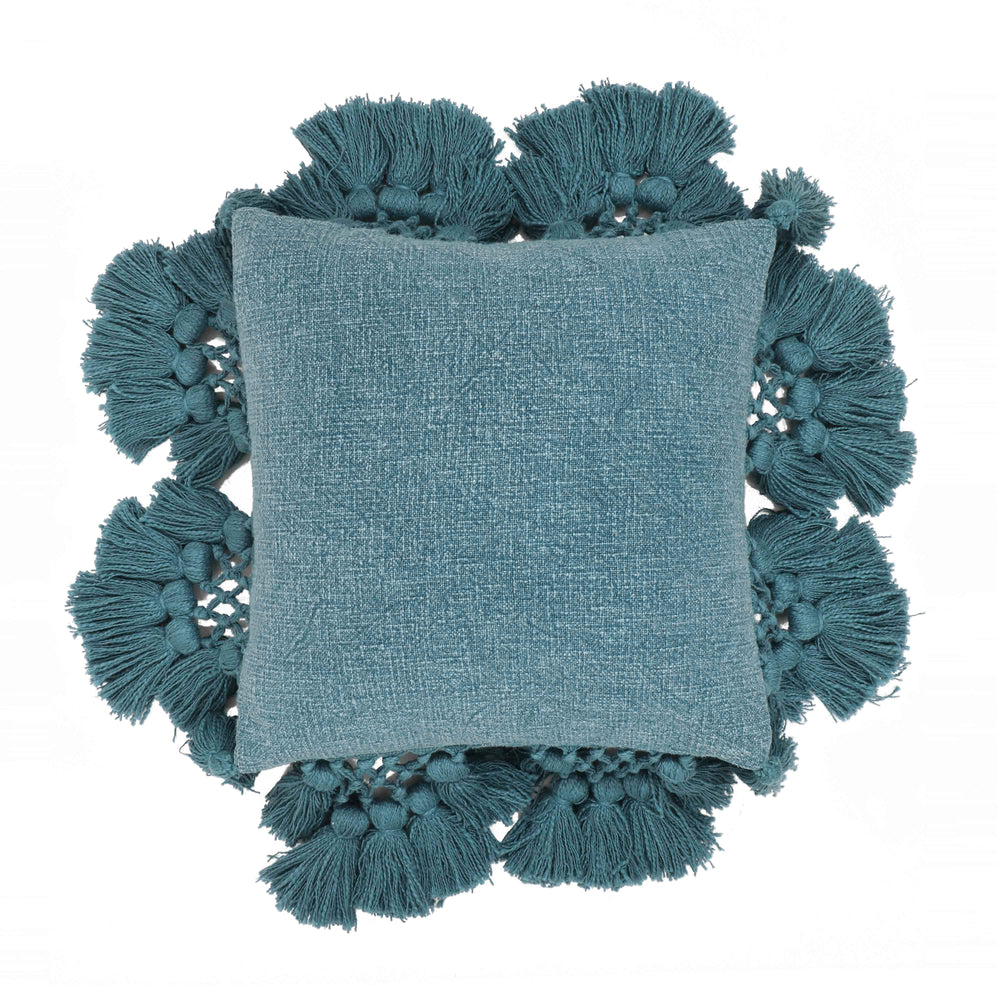 Stone 21" Washed Cotton Tasseled Square Throw Pillow Cover - Blue / With Insert