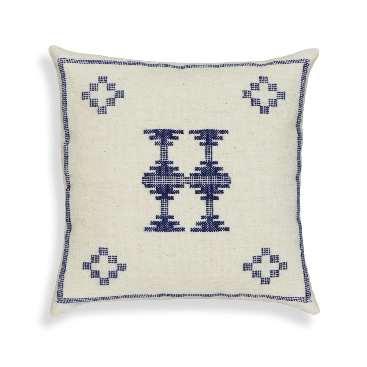 Aztec 20" Cream & Indigo Wool Square Throw Pillow Cover - Pillow Cover Only