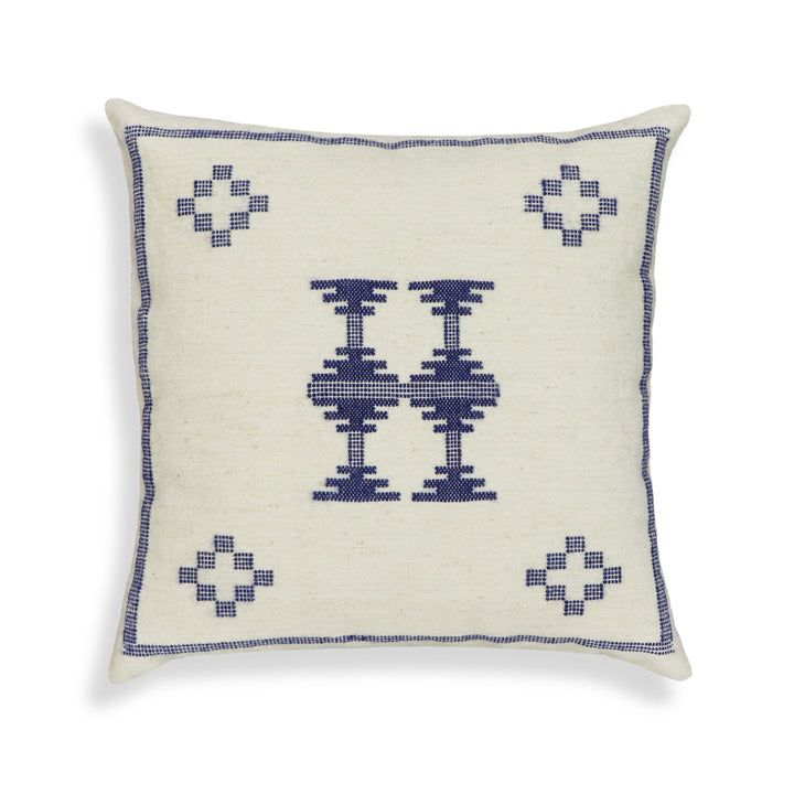 Aztec 20" Cream &amp; Indigo Wool Square Throw Pillow Cover - Pillow Cover Only