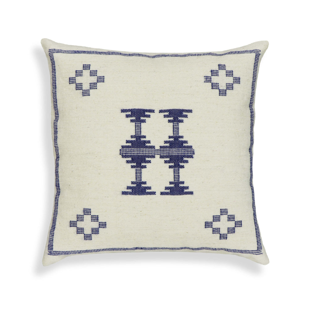 Aztec 20" Cream & Indigo Wool Square Throw Pillow Cover - Pillow Cover Only