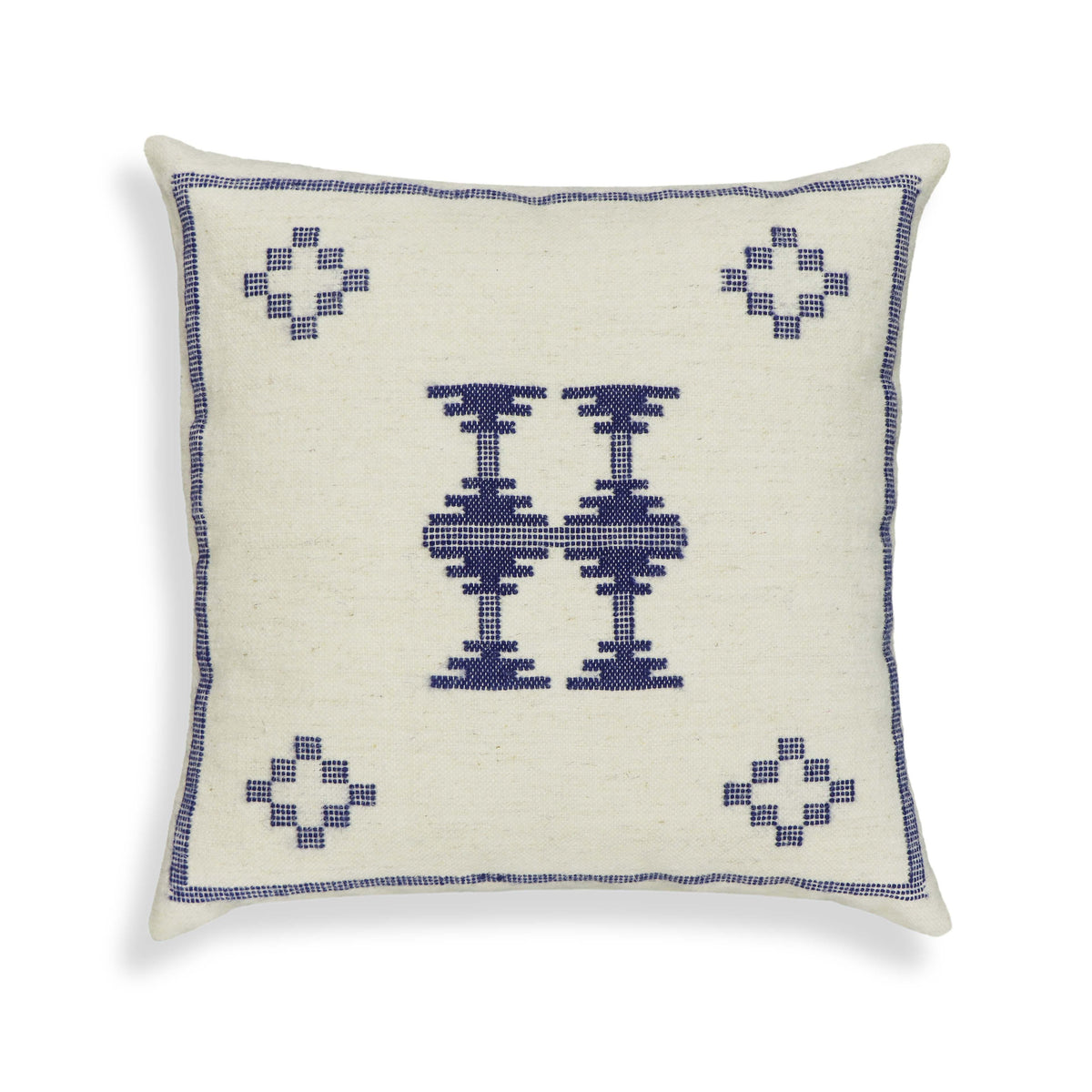 Aztec 20" Cream & Indigo Wool Square Throw Pillow Cover - With Insert