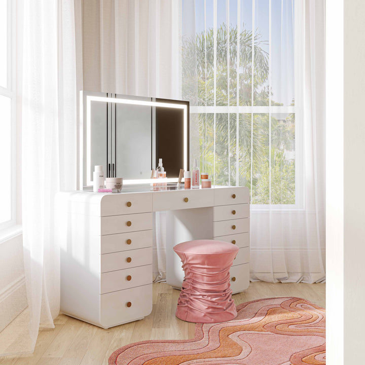 Hollywood 56" White Desk with Lola Jumbo LED Panel Vanity Mirror