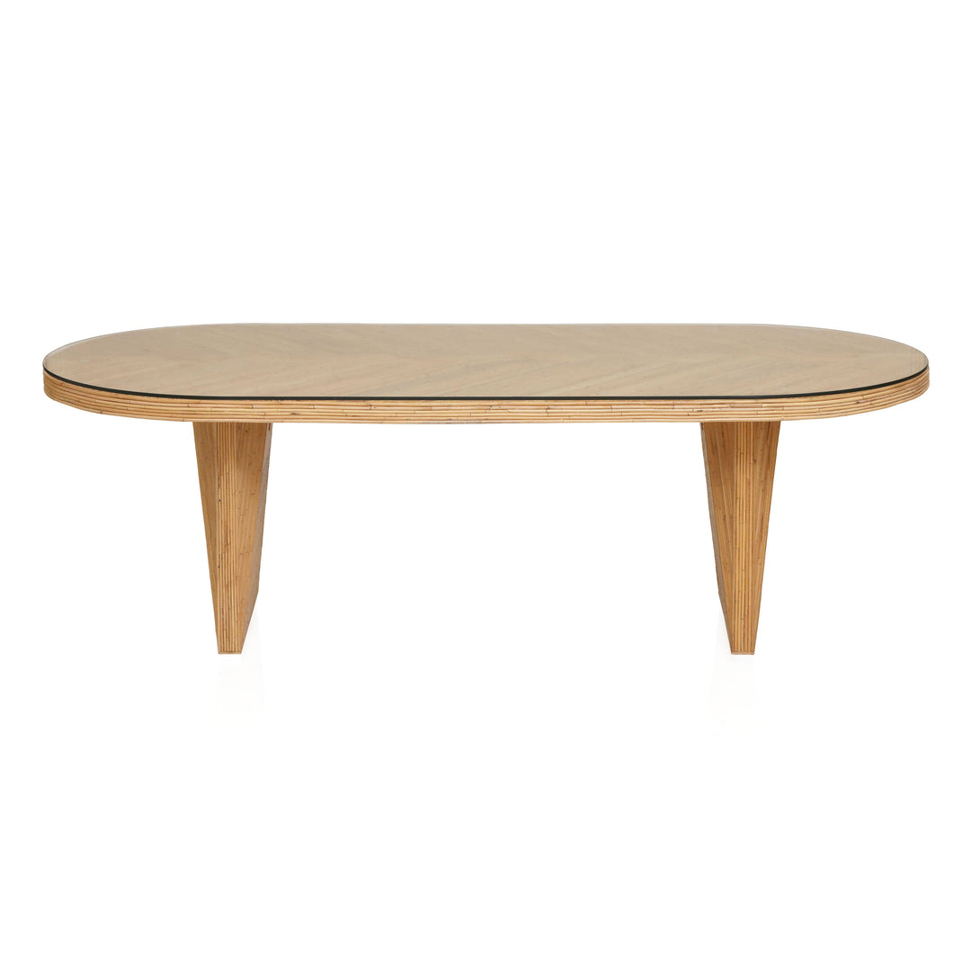 Caren 95" Natural Rattan and Glass Oval Dining Table