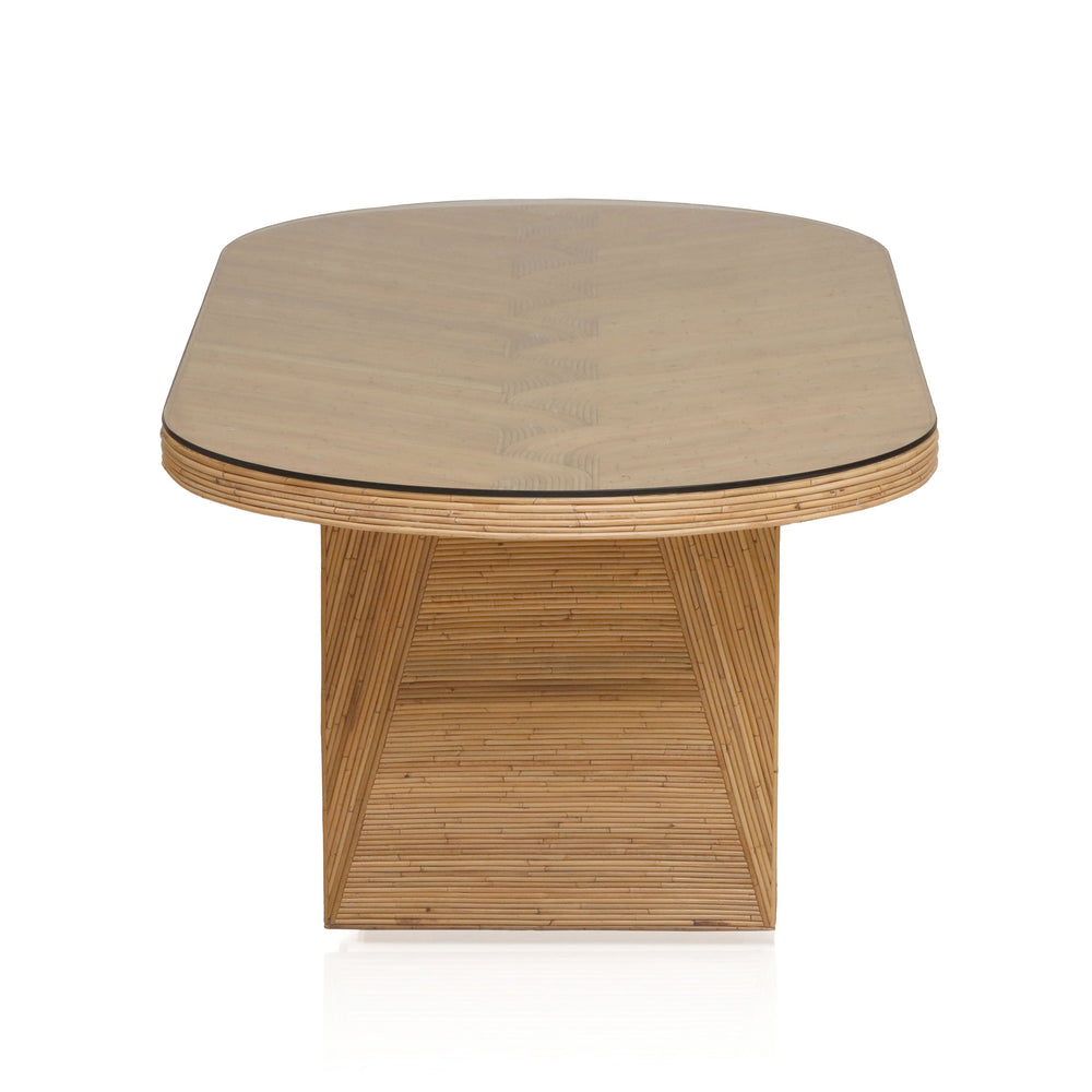 Caren 95" Natural Rattan and Glass Oval Dining Table