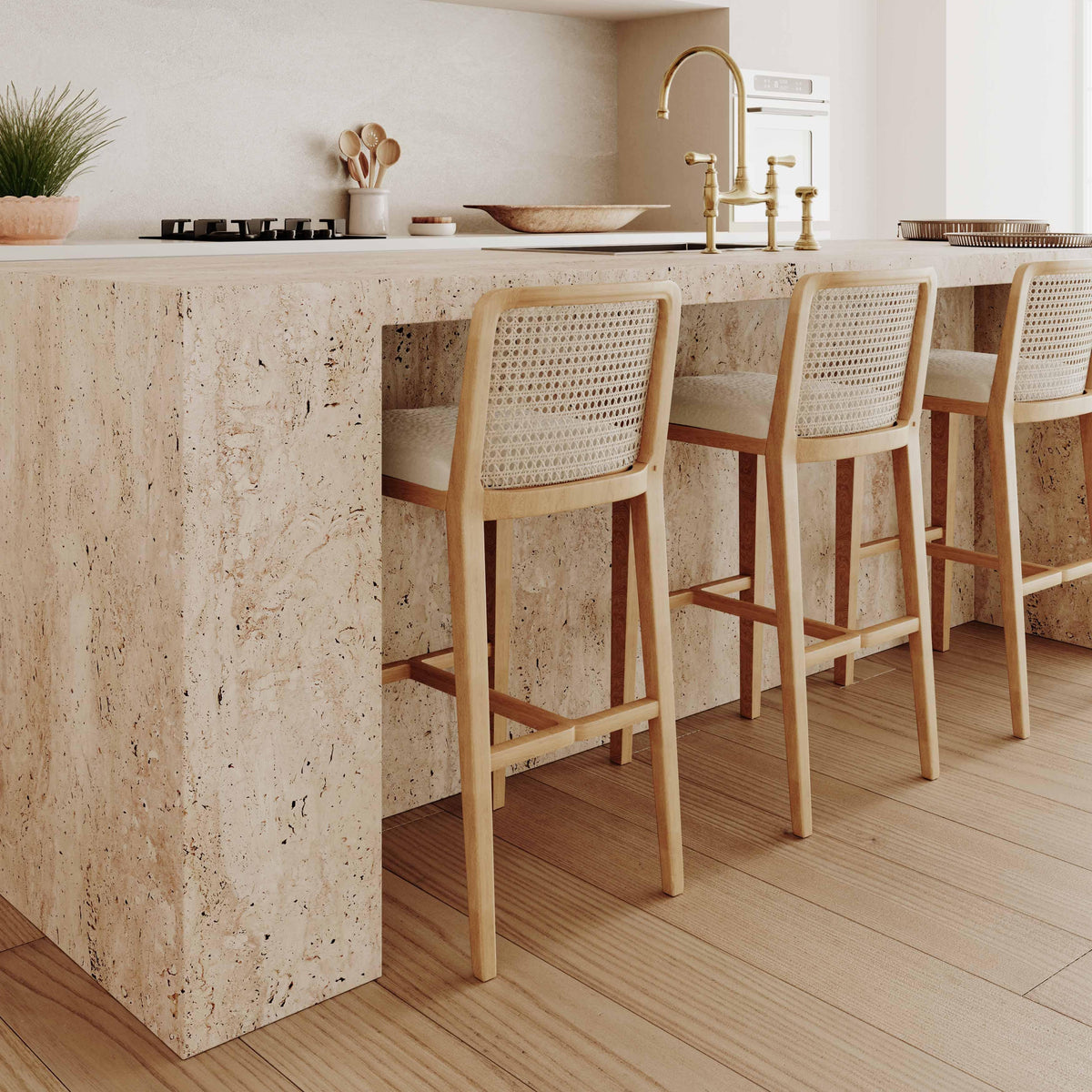 Gerri Cream Performance Tweed and Rattan Counter Stool