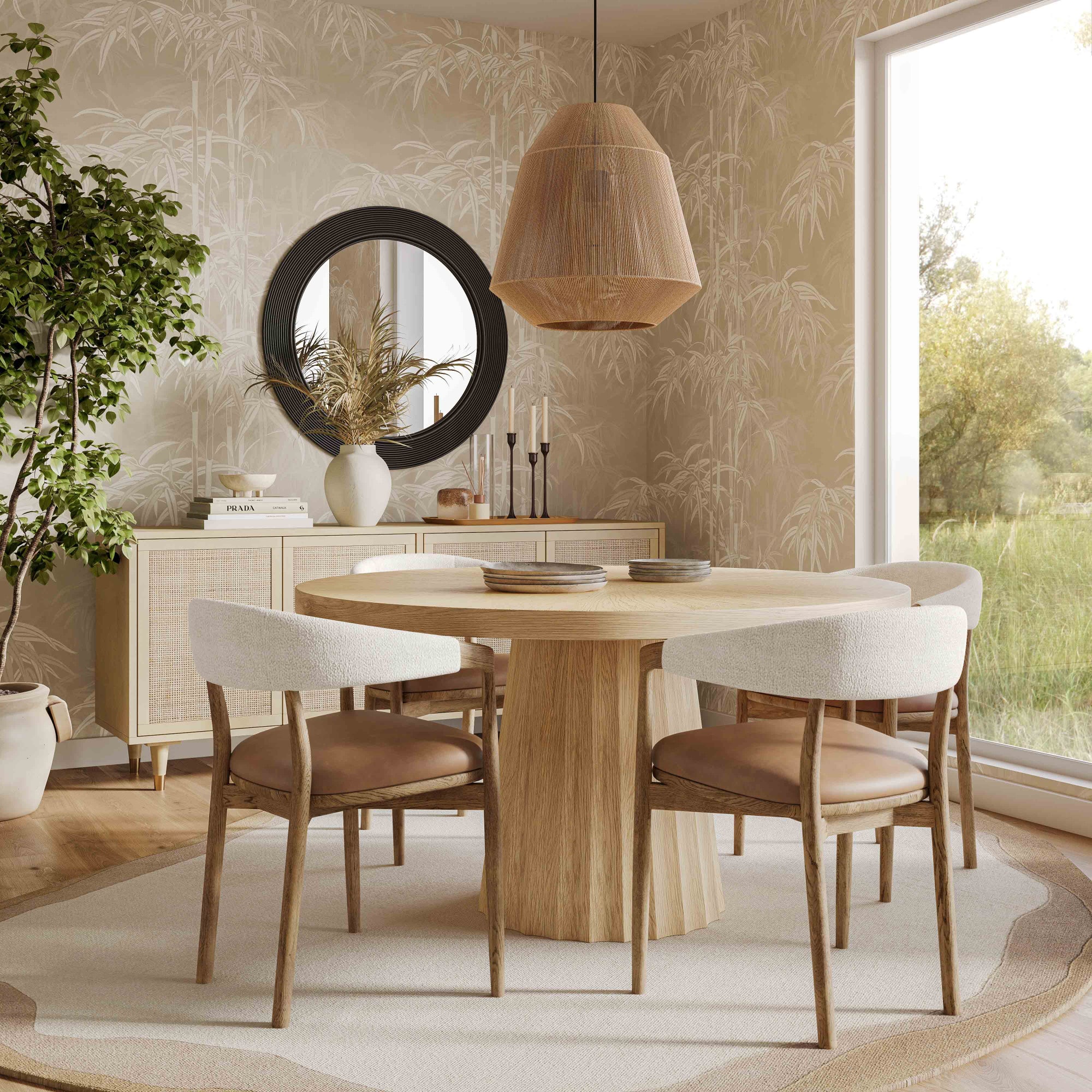 Vina Cognac Performance Vegan Leather and Cream Textured Weave Dining Chair
