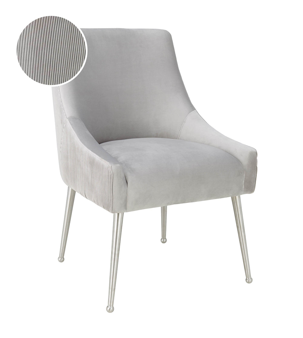 Beatrix Pleated Light Grey Performance Velvet Dining Chair - Silver Legs