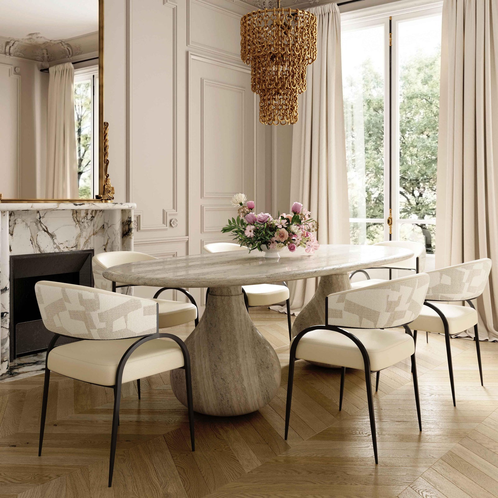 Tatum Cream 2-Tone Performance Vegan Leather and Jacquard Dining Chair