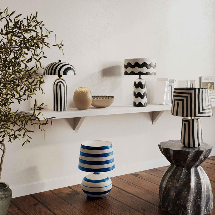 Positano Blue &amp;amp; Off-White Striped Papier Mache Table Lamp