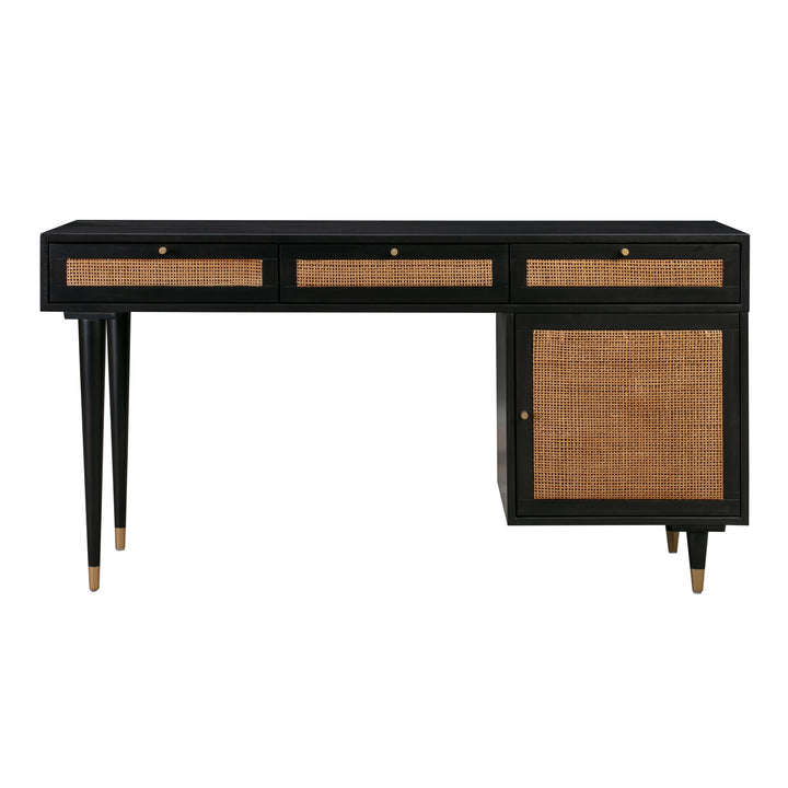 Sierra 60" Black Cane 3-Drawer Desk With Storage