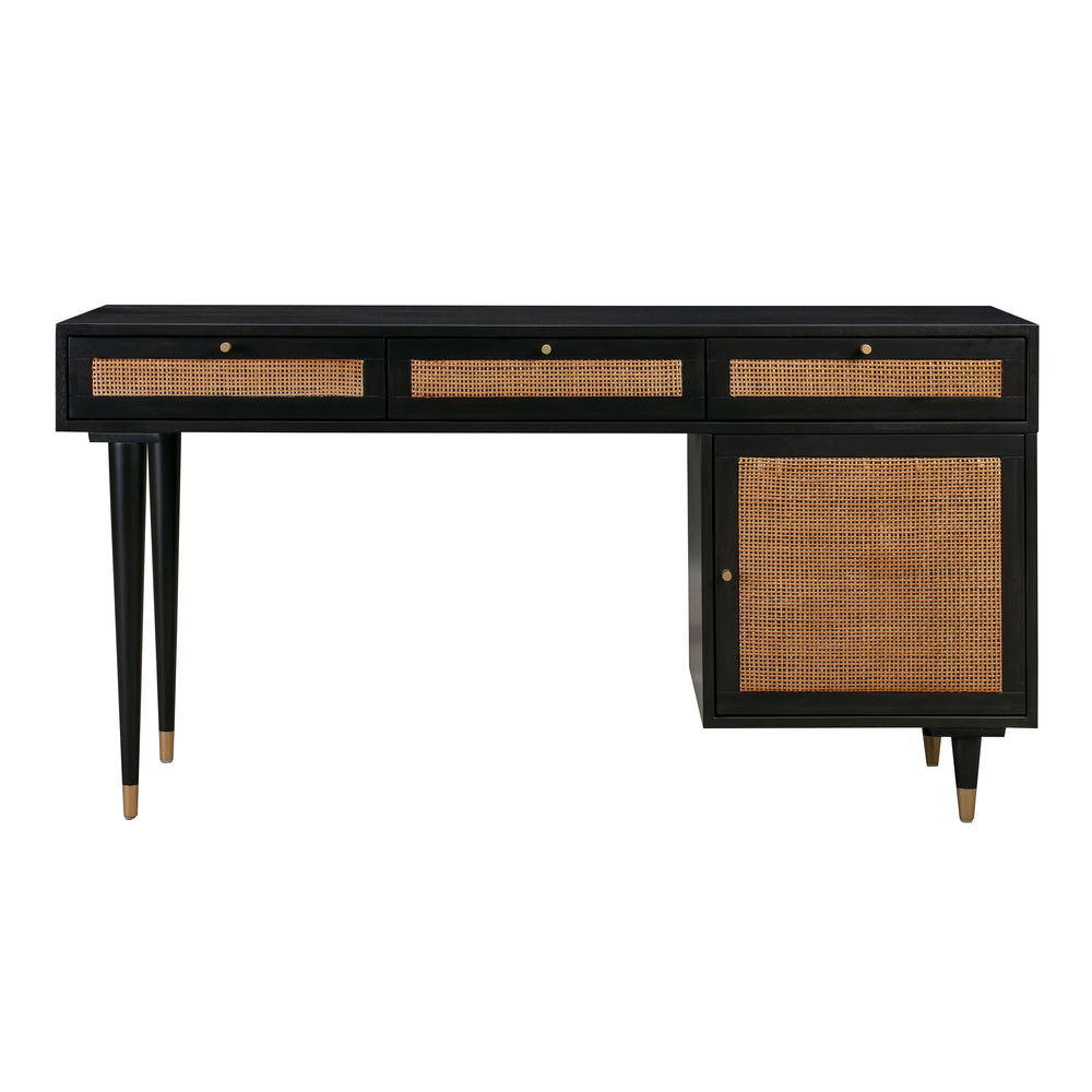 Sierra 60" Black Cane 3-Drawer Desk With Storage