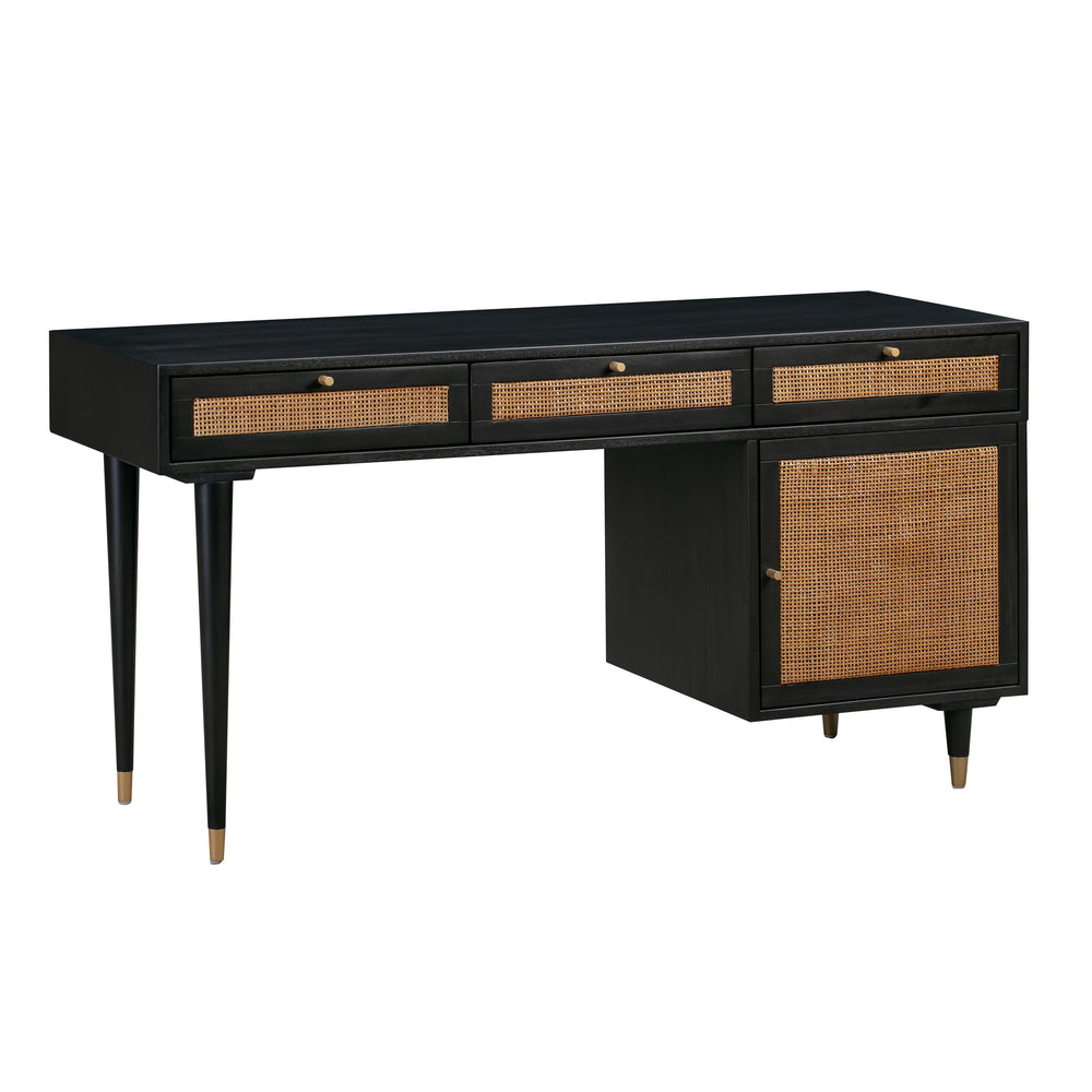 Sierra 60" Black Cane 3-Drawer Desk With Storage