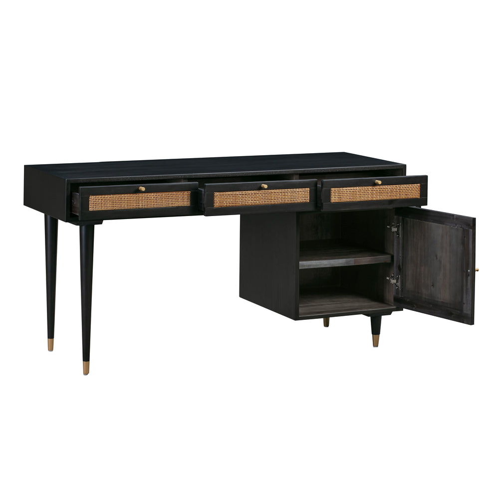Sierra 60" Black Cane 3-Drawer Desk With Storage