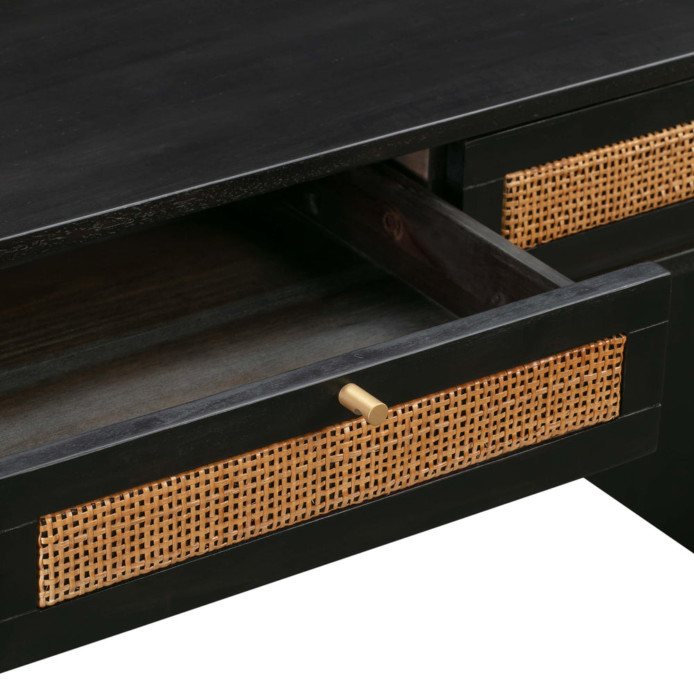 Sierra 60" Black Cane 3-Drawer Desk With Storage