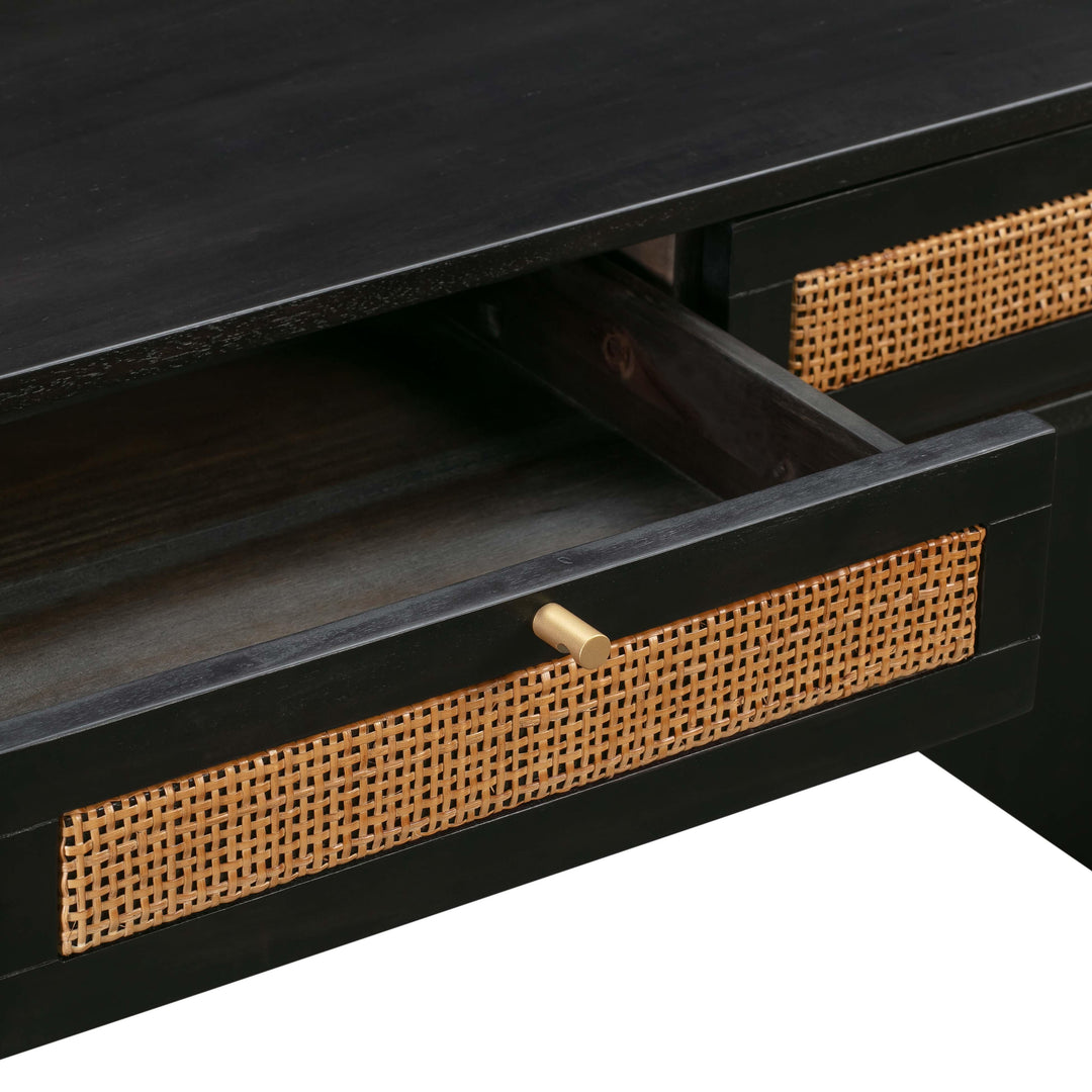 Sierra 60" Black Cane 3-Drawer Desk With Storage