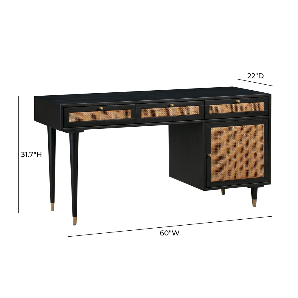 Sierra 60" Black Cane 3-Drawer Desk With Storage
