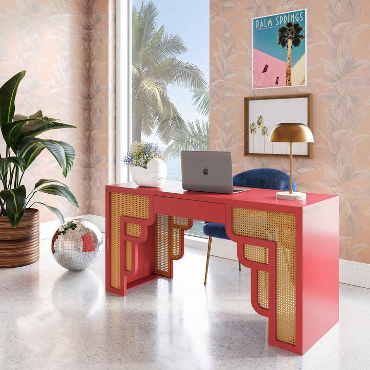 Suzie 62" Pink Rattan Executive Desk With Drawer