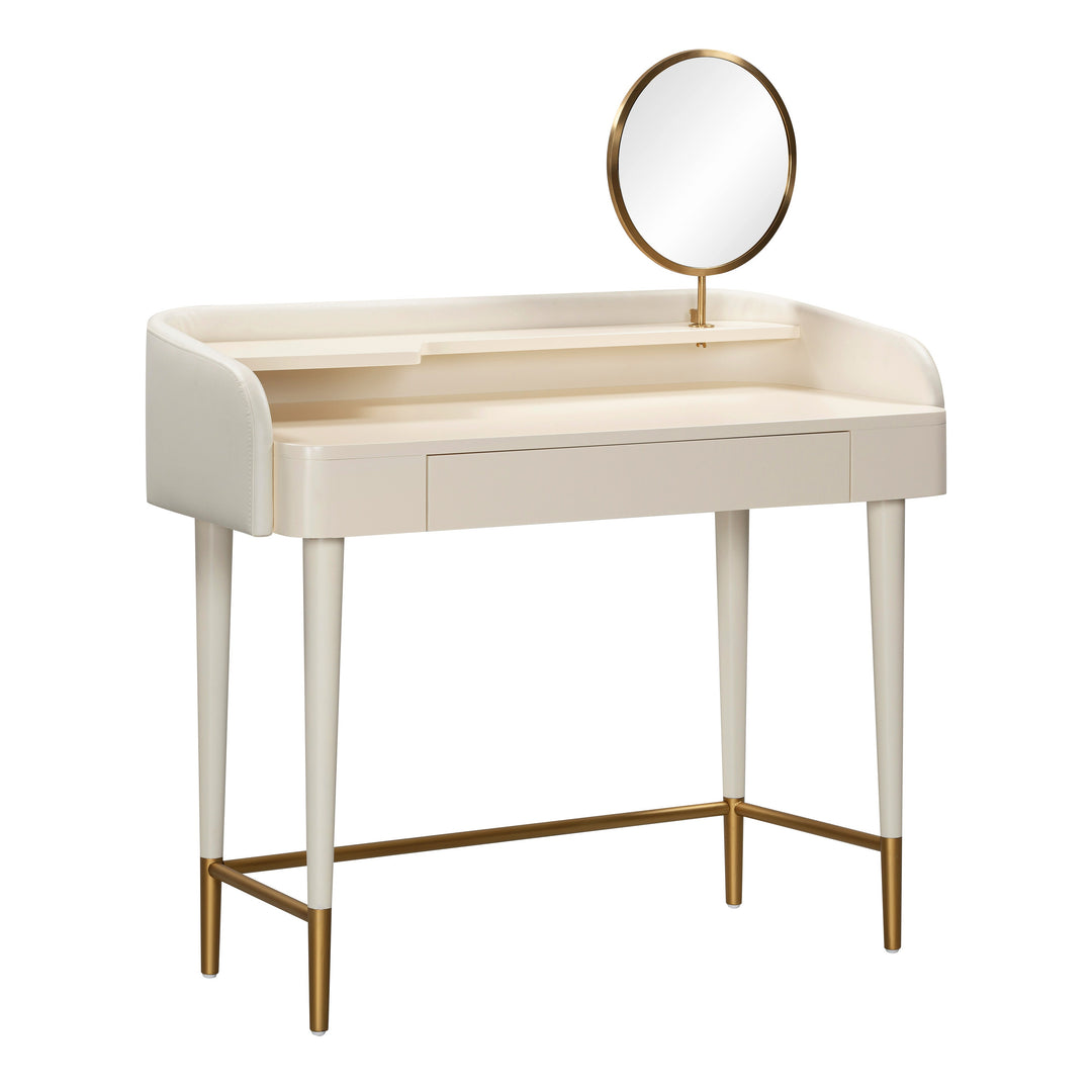 Penelope 45" Cream Vegan Leather Wrapped Vanity Desk With Drawer