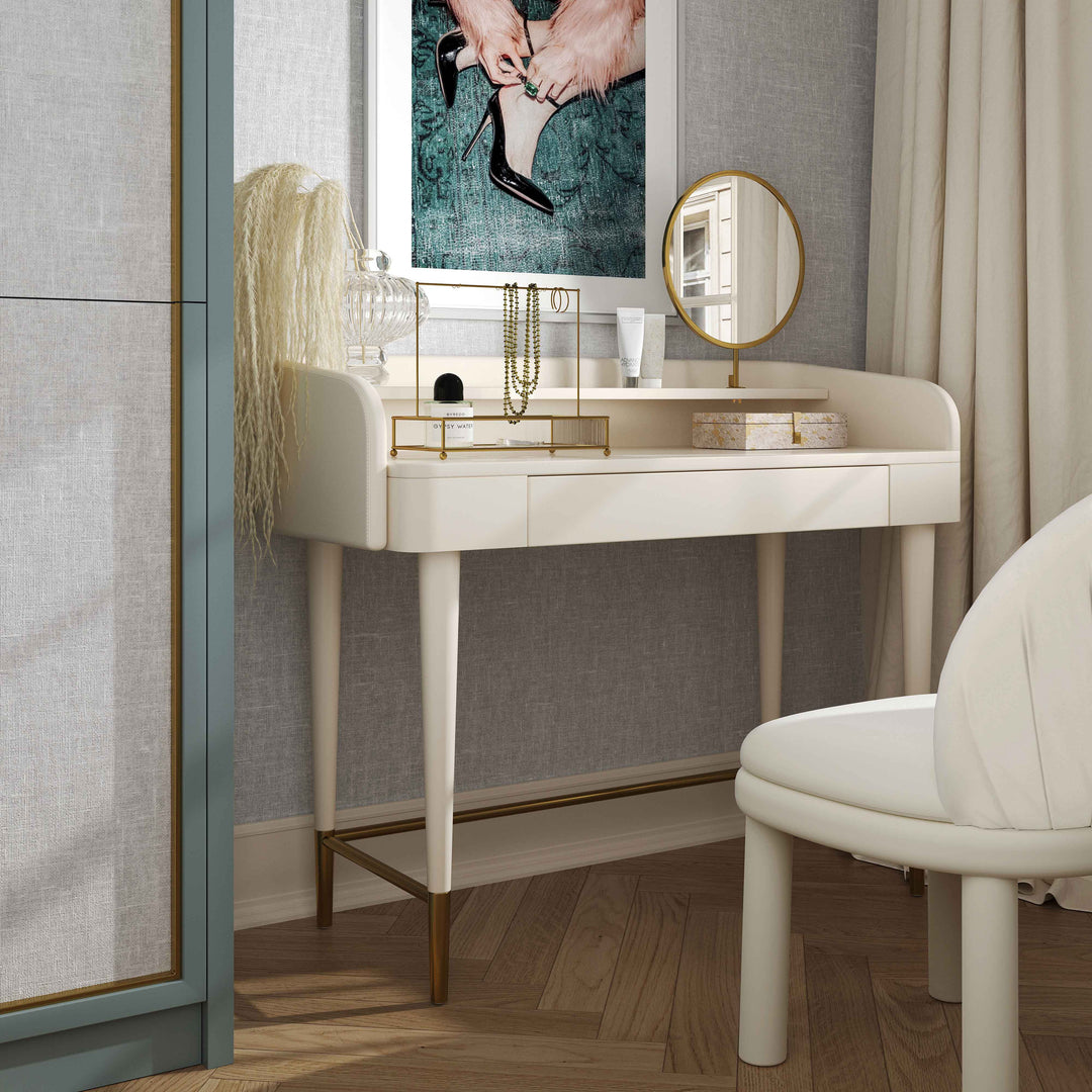Penelope 45" Cream Vegan Leather Wrapped Vanity Desk With Drawer