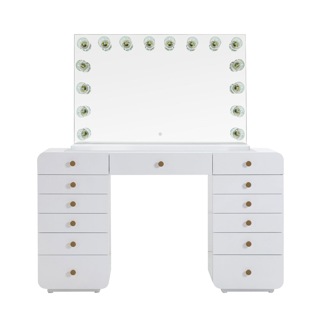 Hollywood 56" White Desk with Lola Jumbo Bulb Vanity Mirror