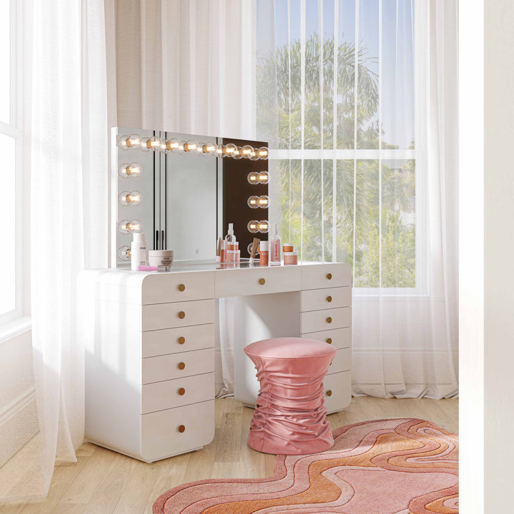 Hollywood 56" White Desk with Lola Jumbo Bulb Vanity Mirror