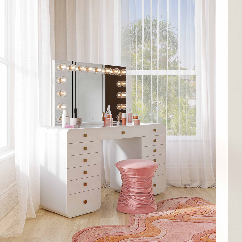 Hollywood 56" White Desk with Lola Jumbo Bulb Vanity Mirror