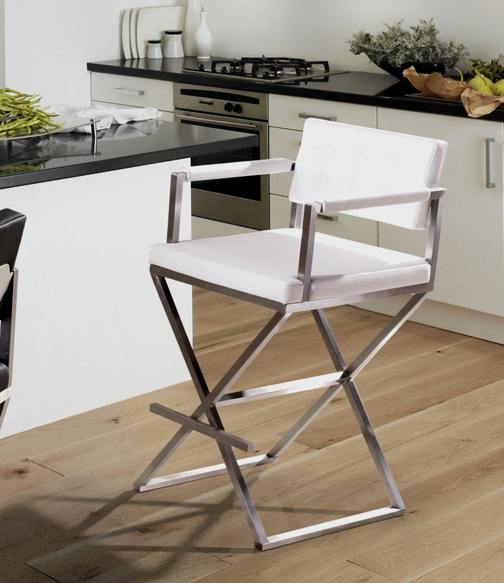 Director White Performance Vegan Leather Counter Stool with Silver Base