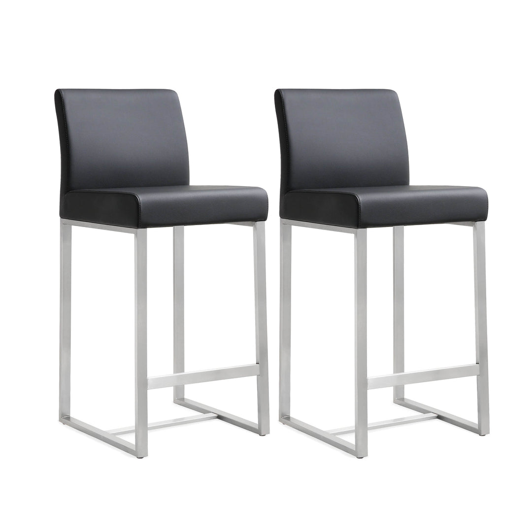 Denmark Black Performance Vegan Leather Counter Stool with Silver Base - Set of 2