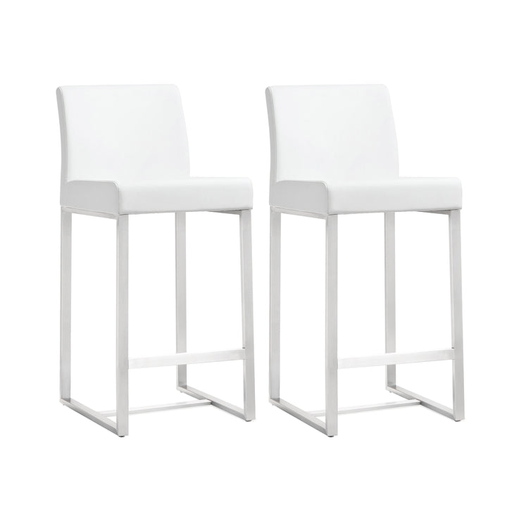 Denmark White Performance Vegan Leather Counter Stool with Silver Base - Set of 2