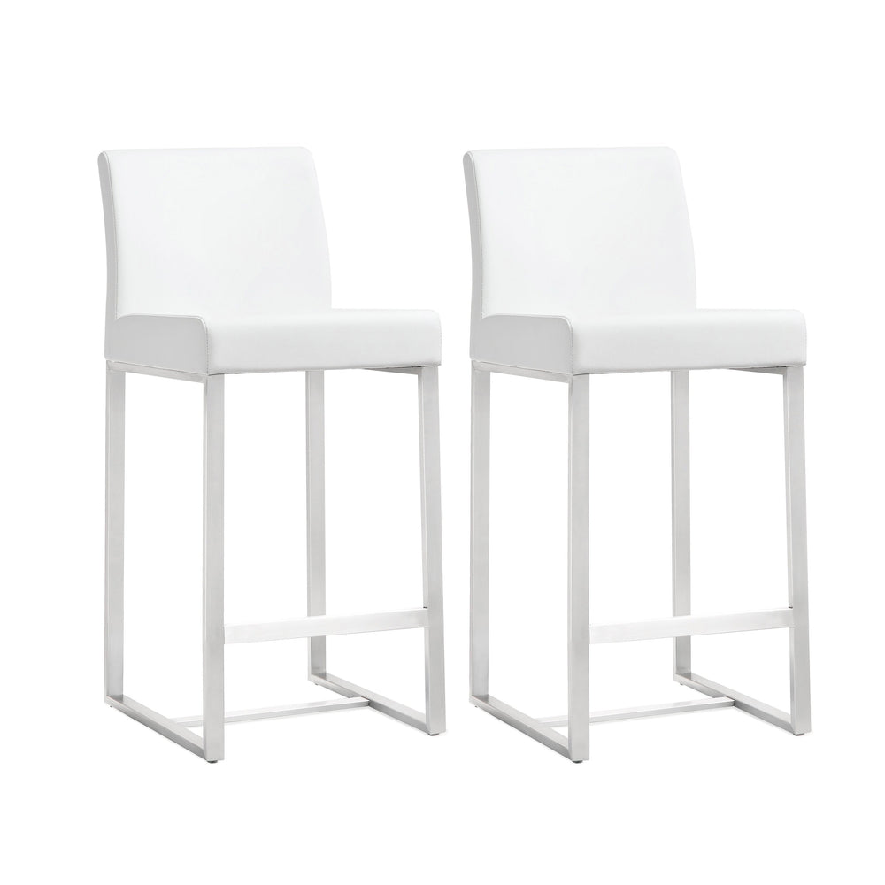 Denmark White Performance Vegan Leather Counter Stool with Silver Base - Set of 2