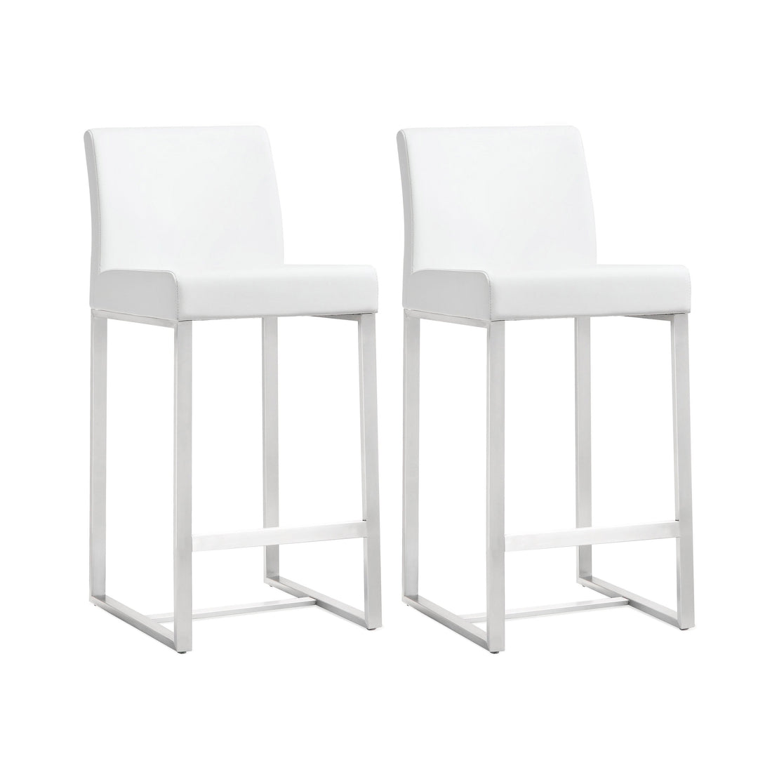 Denmark White Performance Vegan Leather Counter Stool with Silver Base - Set of 2