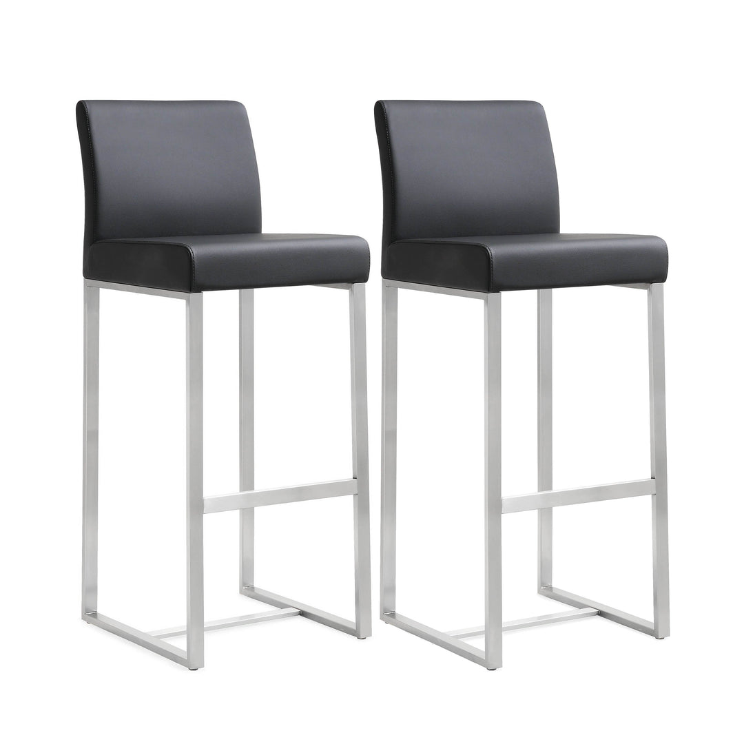 Denmark Black Performance Vegan Leather Bar Stool with Silver Base - Set of 2