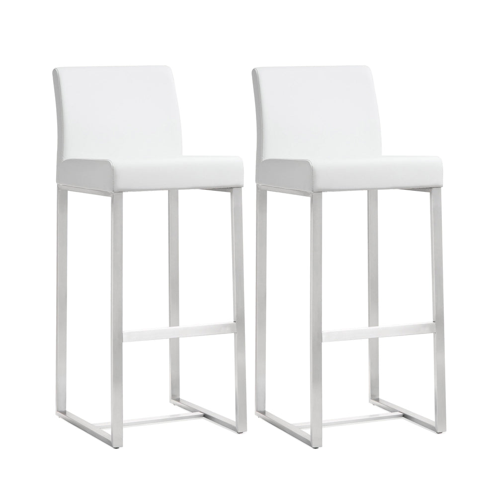 Denmark White Performance Vegan Leather Bar Stool with Silver Base - Set of 2