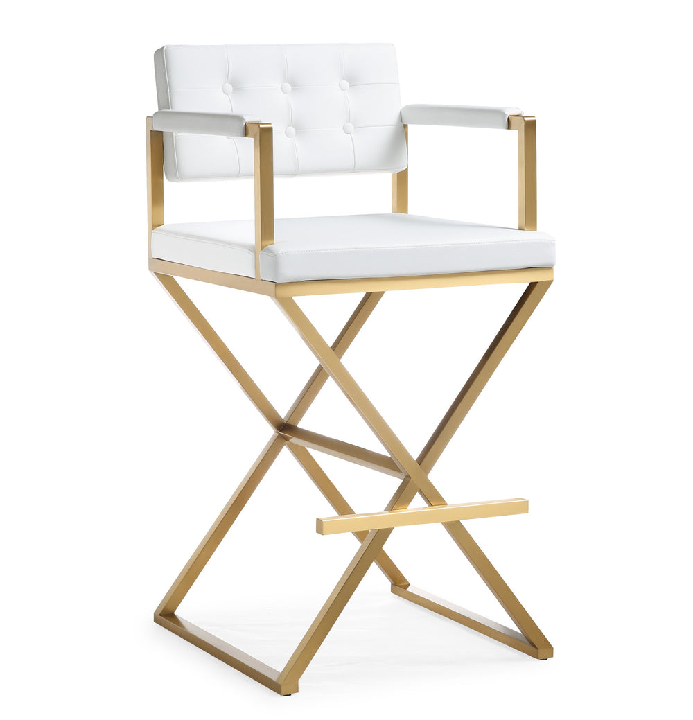 Director White Performance Vegan Leather Bar Stool with Gold Base